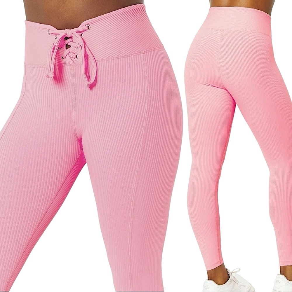 Year of Ours Ribbed Lace Up Drawstring High Waist Football Legging Pink Rose XS